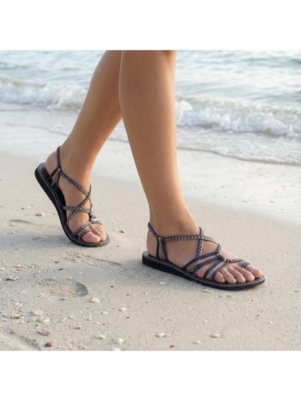 Women's Grey Blue Nylon Slip On Water Resistant Flat Sandals Palm Leaf Casual - Picture 3 of 6